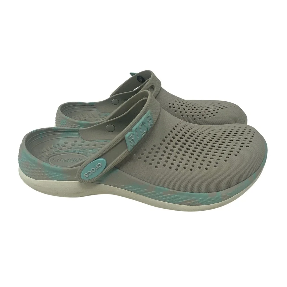 Crocs LiteRide Clogs Grey Light Blue Marbled Mens 8 Womens 10 Comfort Shoes